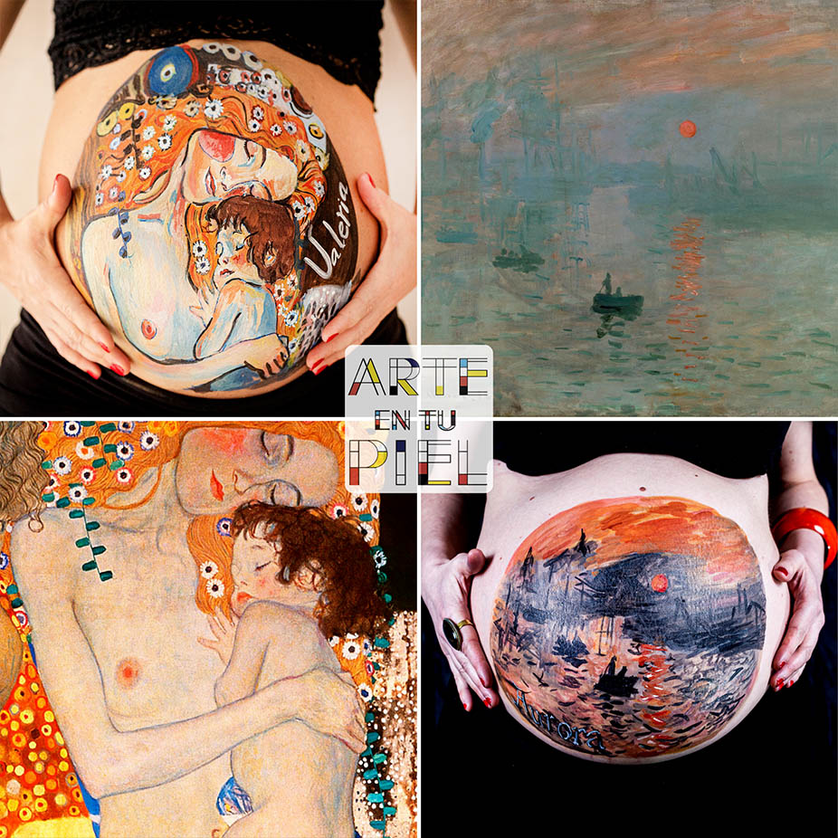 Belly painting Granada ideas para realizarte en tu embarazo, temática artística, Gustav Klimt y Monet. Amanecer sol naciente, las tres edades de la mujer.
