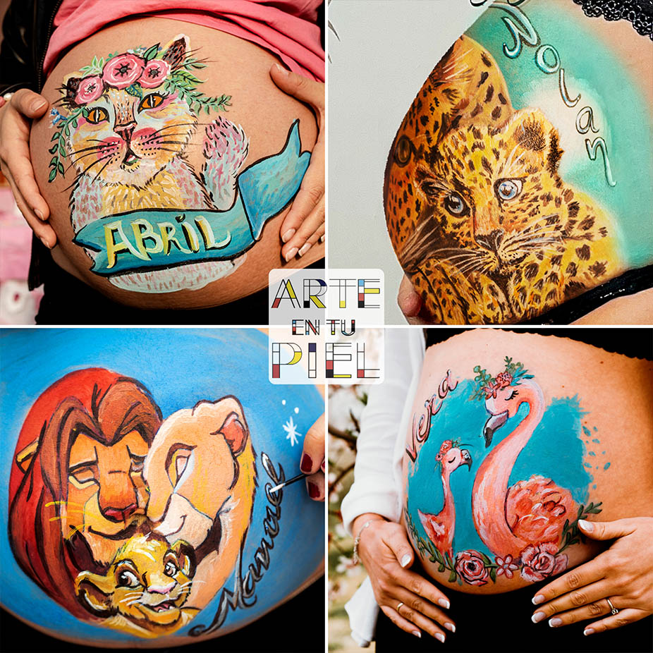 Belly painting Granada ideas para realizarte en tu embarazo, temática animales, Arte en tu piel. (gato, rey león, guepardo, flamencos)